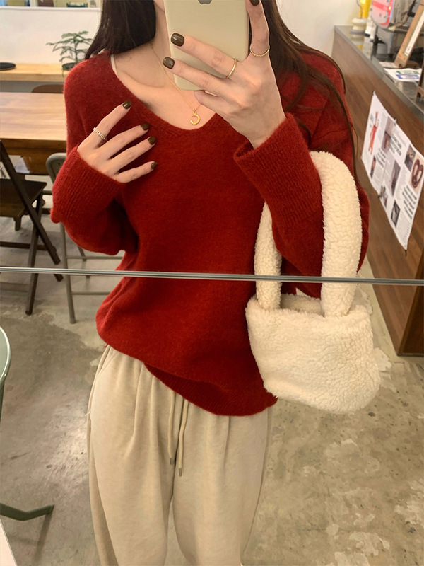 简约v领针织衫女秋季新款ins基础款宽松内搭上衣休闲百搭打底毛衣|undefined