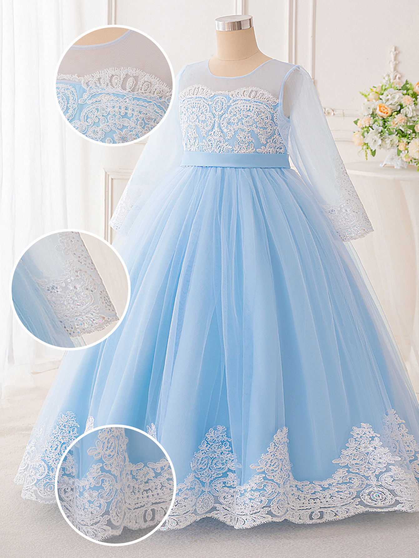 Nuevo vestido de princesa de niñas bordado de encaje vestido de niños de mangas largas vestido de noche vestido de niños vestido de fotos de cumpleaños