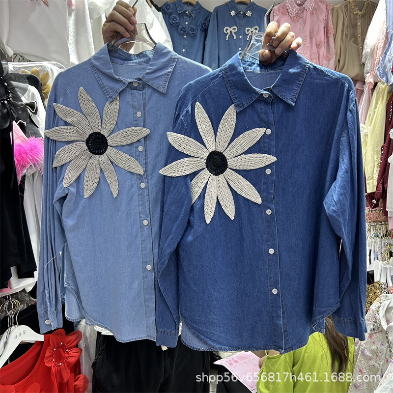 Three-Dimensional Flower Splicing Short Denim Shirt for Women Spring & Fall New Hong Kong Style Retro Petite Jacket Top Korean Style