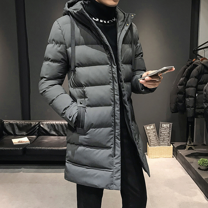 Chaqueta de algodón hombre largo de invierno de moda coreana con chaqueta de algodón encapuchada más gruesa nueva ropa de plumón transfronteriza