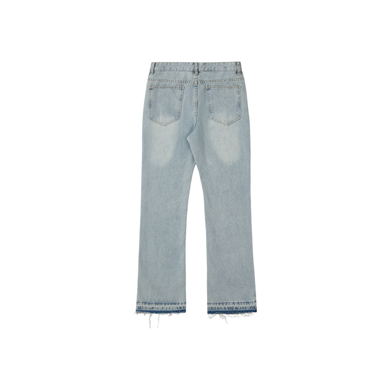 Men's RDT 507 Fit Vintage Washed Distressed Jeans American Cleanfit Blue Fringe Denim Trousers_mkmklike.com