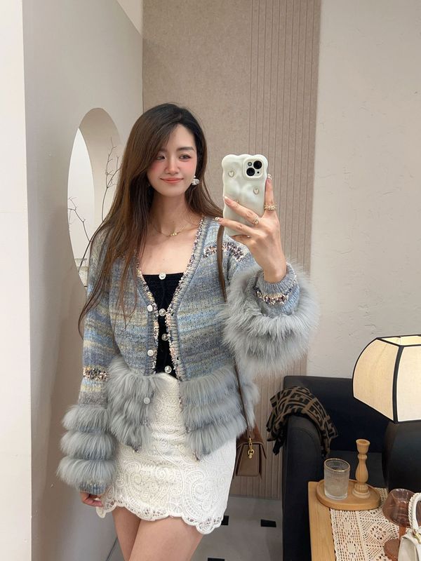 2025新款欧货车条狐狸毛皮草开衫毛衣针织衫百搭小香风女装外套短|undefined