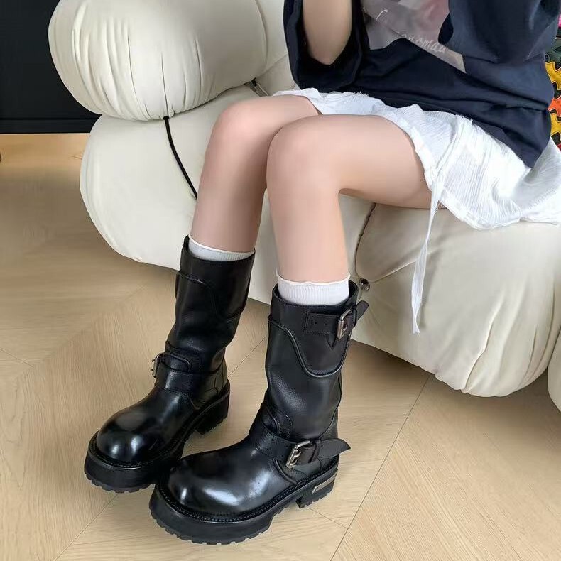ヨーロッパステーション 2025 新しいスタイル牛革レトロオールドナイトブーツ女性のベルトバックルナイトブーツヴェンザーミッドカーフブーツ女性|undefined