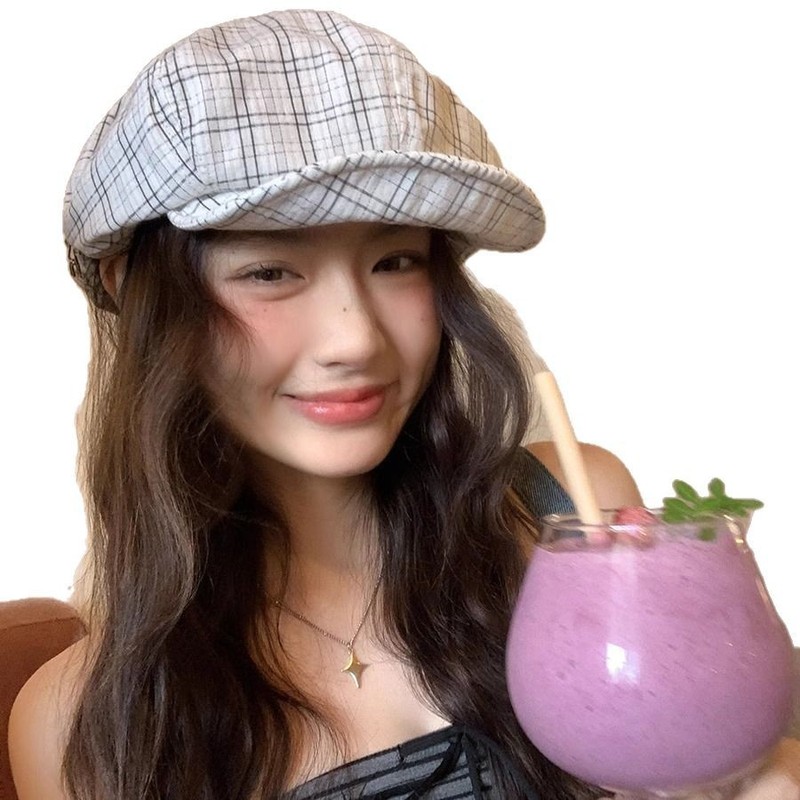 新しい韓国スタイルのチェック柄ベレー帽女性のための春と夏の森スタイル文学多用途キャスケット帽子顔を小さくする八角形帽子画家の帽子|undefined