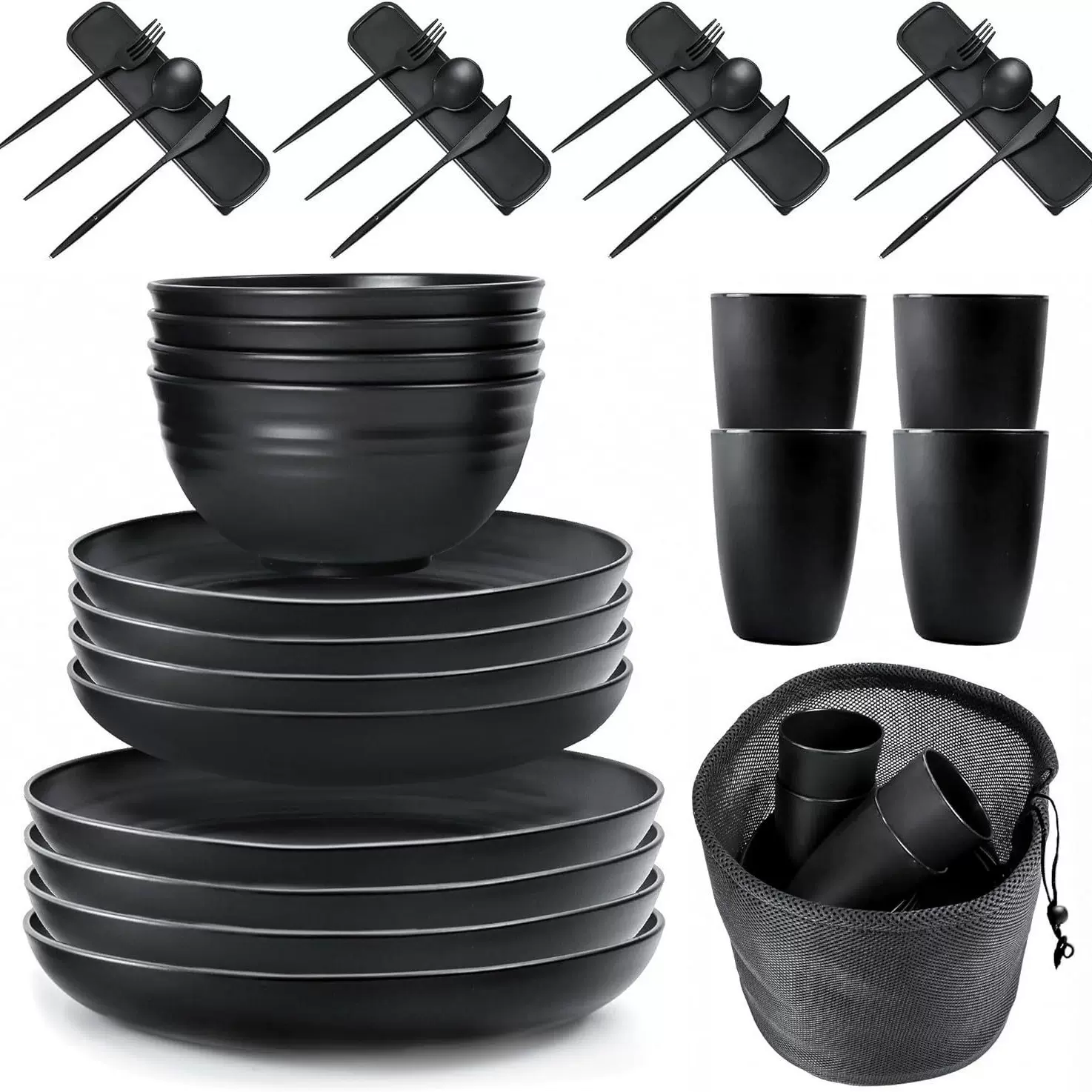 亚马逊小麦秸秆盘家用碗碟盘套装小清新风菜盘水杯户外刀叉勺餐具