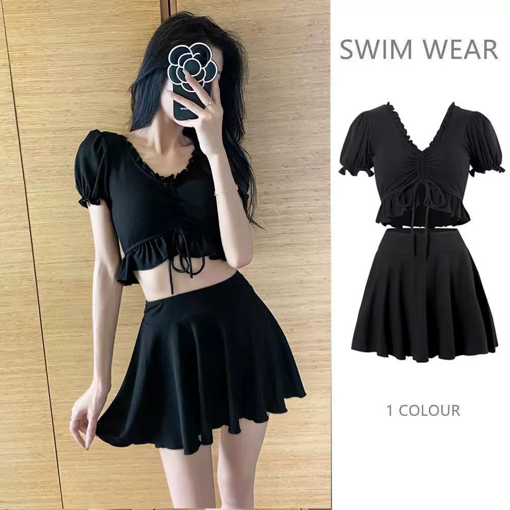 Women's Two-Piece V-Neck Swimsuit Skirt, College Style, 2–10 Size Range, Black & B/W Options