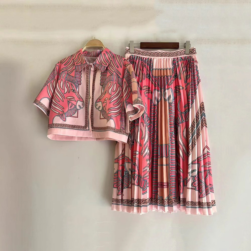 Cross-border Foreign Trade Women's Retro Geometric Printing Short Shirt Two-piece High Waist Pleated Skirt Fashion suit