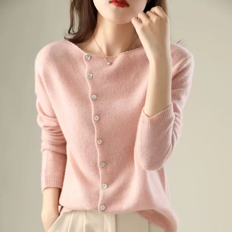 Autumn cashmere thin knitted cardigan with a round collar
