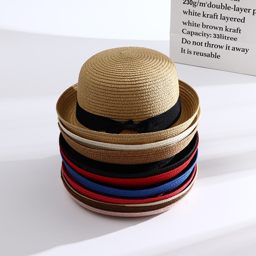 New European and American summer woven bow sunshade sunscreen straw hat women outdoor beach dome sun hat 