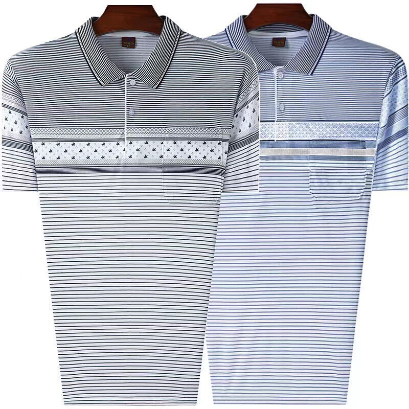 Short-Sleeved T-Shirt for Men, Summer Half-Sleeved, Middle-Aged and Elderly Men's Clothing, 40-50 Years Old, Collared Top, Dad-Style Striped Clothing