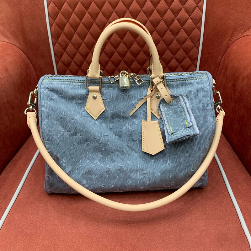 New Genuine Leather Boston Denim Jeans 30cm Pillow Bag Couple's Handbag Travel Bag Shoulder Trendy Crossbody Bag - Thumbnail 2