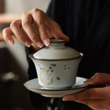 汝窯三才蓋碗個人專用景德鎮茶具套裝復古汝瓷開片茶杯高端泡茶碗