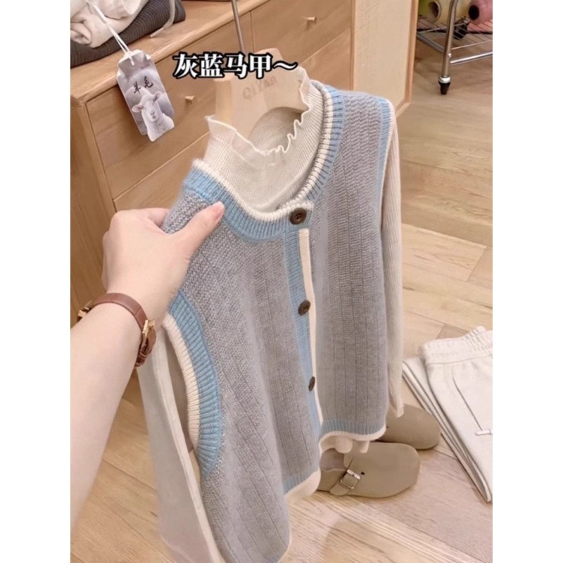 撞色针织马甲开衫女秋冬叠穿外搭坎肩背心上衣|undefined