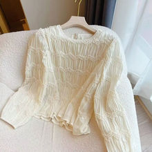 米色小香风长袖雪纺衫女2025春夏新款高级感宽松圆领蕾丝打底衫