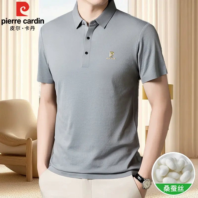 Pierre Cardin, новая летняя мужская футболка из шелкового шелка с короткими рукавами, модная повседневная рубашка-поло чистого цвета с тонкими лацканами
