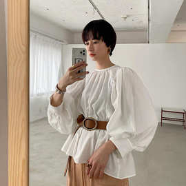 现货日本松本惠奈设计款大灯笼袖圆领纯棉衬衫纯色上衣女衬衫