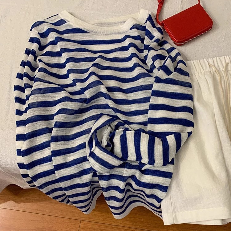 Highly Recommended! Super Flattering~ Navy Blue Linen Striped Round Neck Long Sleeve T-Shirt Sun Protection Knit Top 26 Trendy Highly Recommended! Super Flattering~ Navy Blue Linen Striped Round Neck Long Sleeve T-Shirt Sun Protection Knit Top 26 Trendy