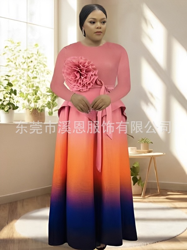 Miayki三宅跨境时尚立体花朵不规则渐变色半身长裙两件套装大码女|undefined