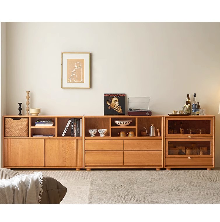 日式实木家用书柜组合客厅收纳置物展示柜樱桃木杂志柜储物餐边柜