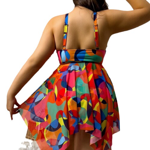 Plus-size European and American curvy women's swimsuit: Sexy mesh dress-style two-piece set