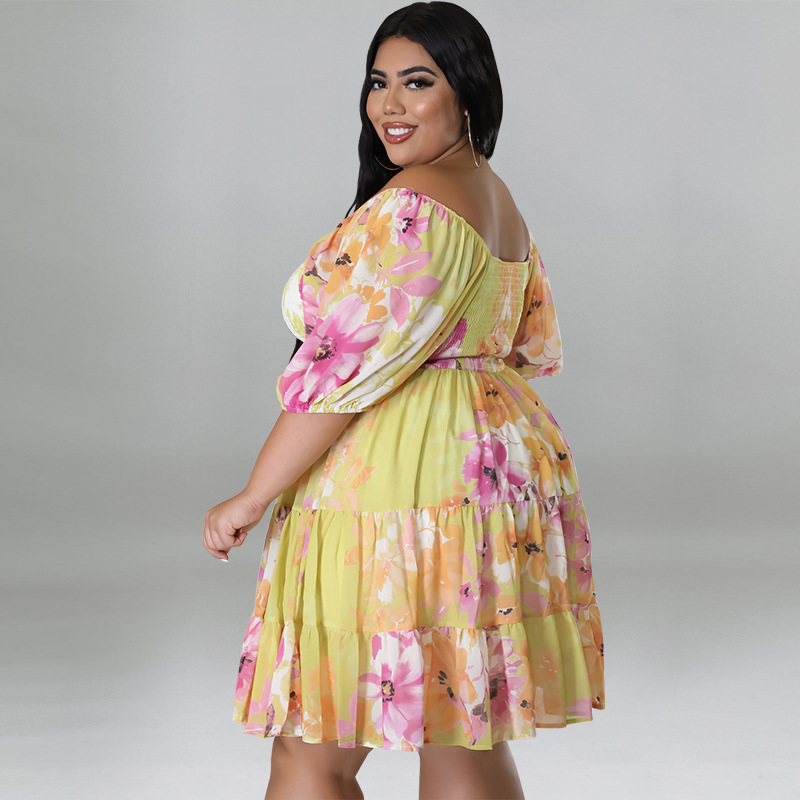 Plus Size Off Shoulder Floral Dress With Puff Sleeves, Flowy Swing Midi Dress For Women_ecoleips.com