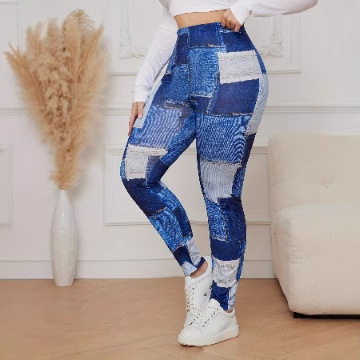 European and American plus-size women's tight denim-style long pants with elasticity, slimming, high-waisted, stretchable and versatile