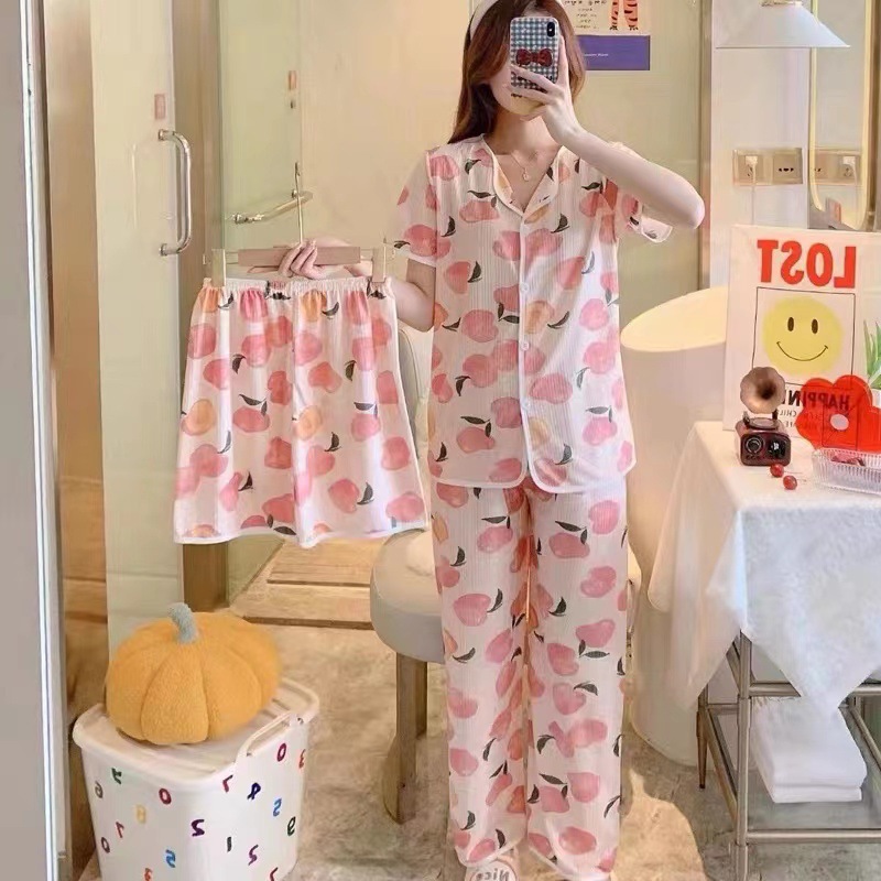 Explosión de tres piezas Cardigan pijama de mujer de verano de mangas cortas pantalones largos delgados se pueden usar dibujos animados dulce conjunto de ropa para el hogar