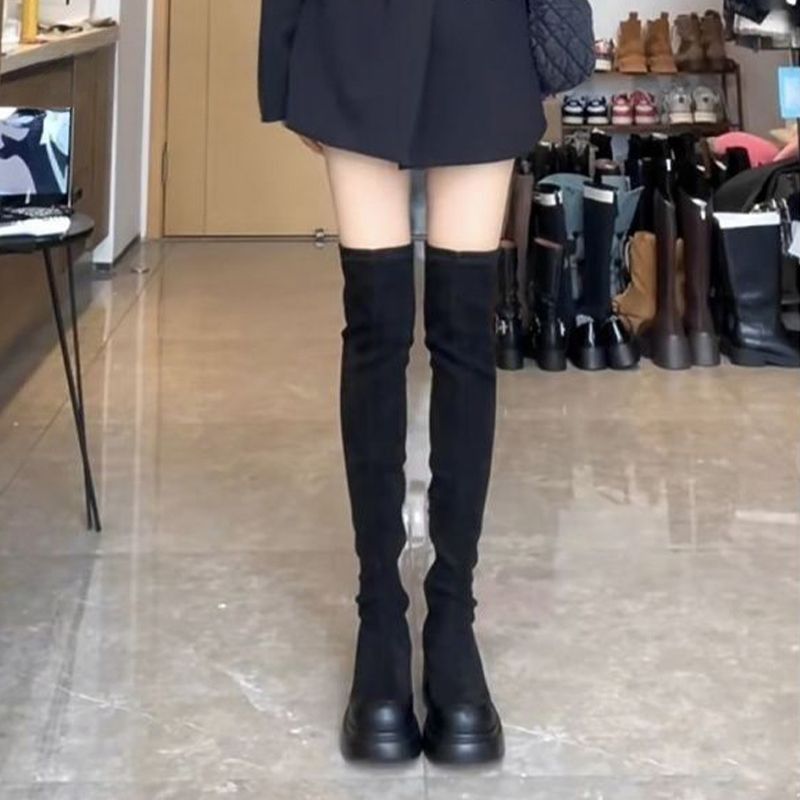 美式过膝靴女秋显瘦粗跟厚底弹力瘦瘦长筒靴小个子高跟瘦瘦靴ins|undefined
