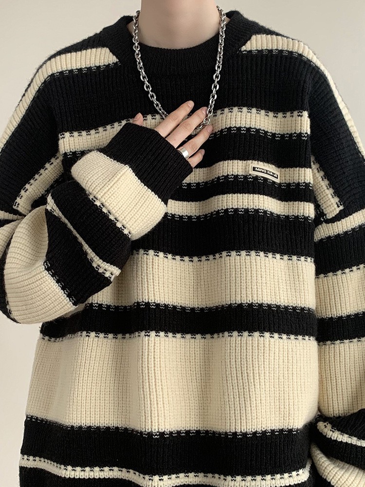 Prendas de punto retro americanas huecas a rayas de colores otoño e invierno nuevo estilo estilo de Hong Kong solapa suéter casual suelto estilo de moda