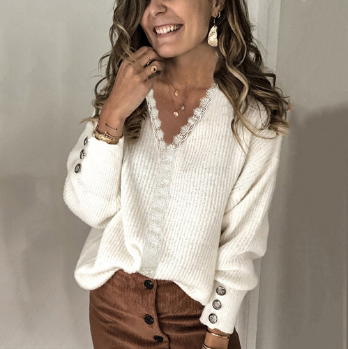 2024 Amazon Autumn/Winter New Lace V-neck Coat Head Sweater European and American Women Loose Long-sleeve Solid Color Wool Sweater