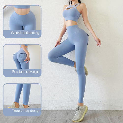  Winter Europe and America Cross-border Naked Waist Lift Yoga Pants Women's Pocket Sports Tights Chrysanthemum Fitness Pants 