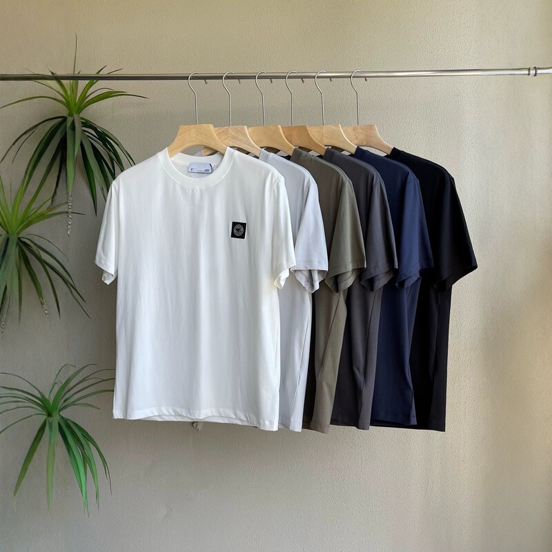 High-Quality Ston Round-Neck Small Logo Classic Solid Color Pure Cotton T-Shirt for Men and Women, Export Stone Style Basic Short-Sleeve Trendy