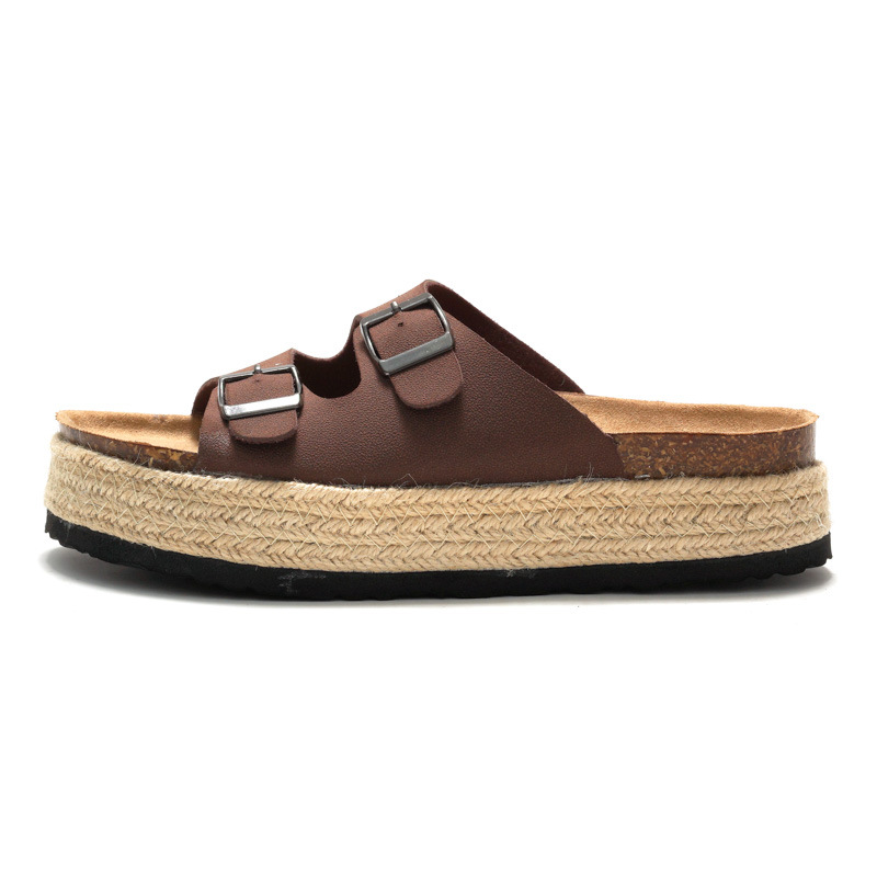 RUIZUSTOCK Été Nouvelles pantoufles en liège pour femmes Semelle épaisse Sandales de plage pour femmes Daim tissé Double boucle_voghion.com