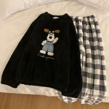 珊瑚绒睡衣女冬季卡通背带熊长袖长裤宽松休闲舒适保暖家居服套装