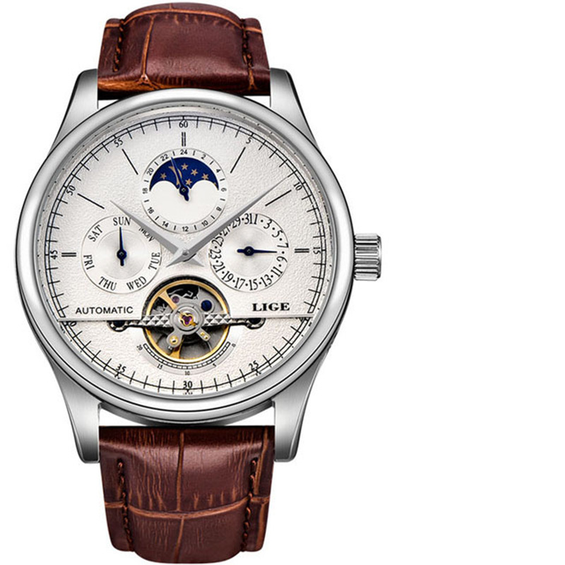 LIGE calendario semana nuevo movimiento mecánico automático hueco de negocios Sun Moon Star reloj de hombre 6826