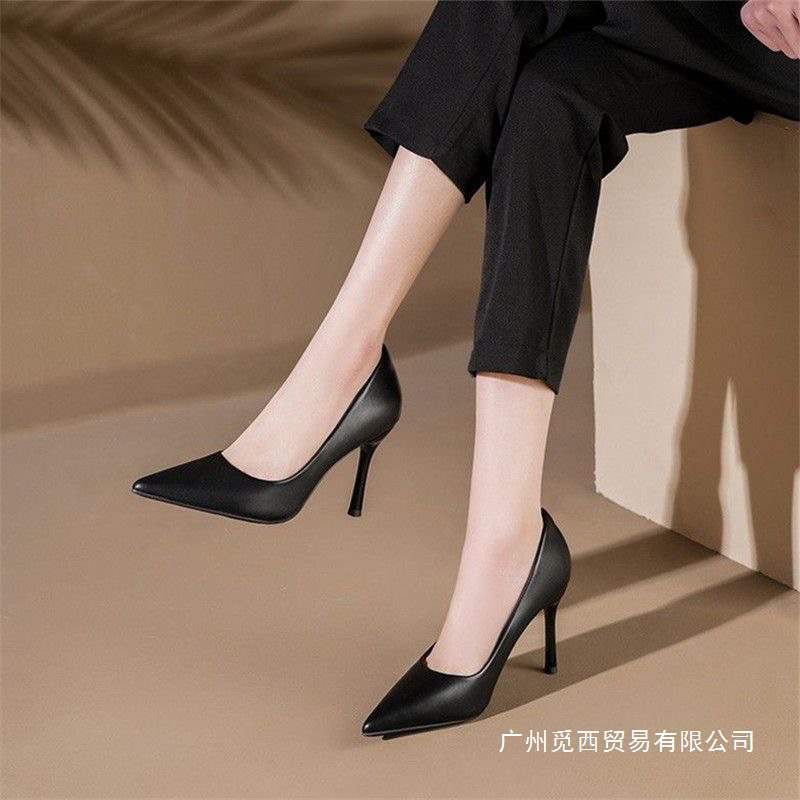 真软皮法式黑色高跟鞋时尚工作鞋软皮细跟不累脚浅口单鞋女鞋