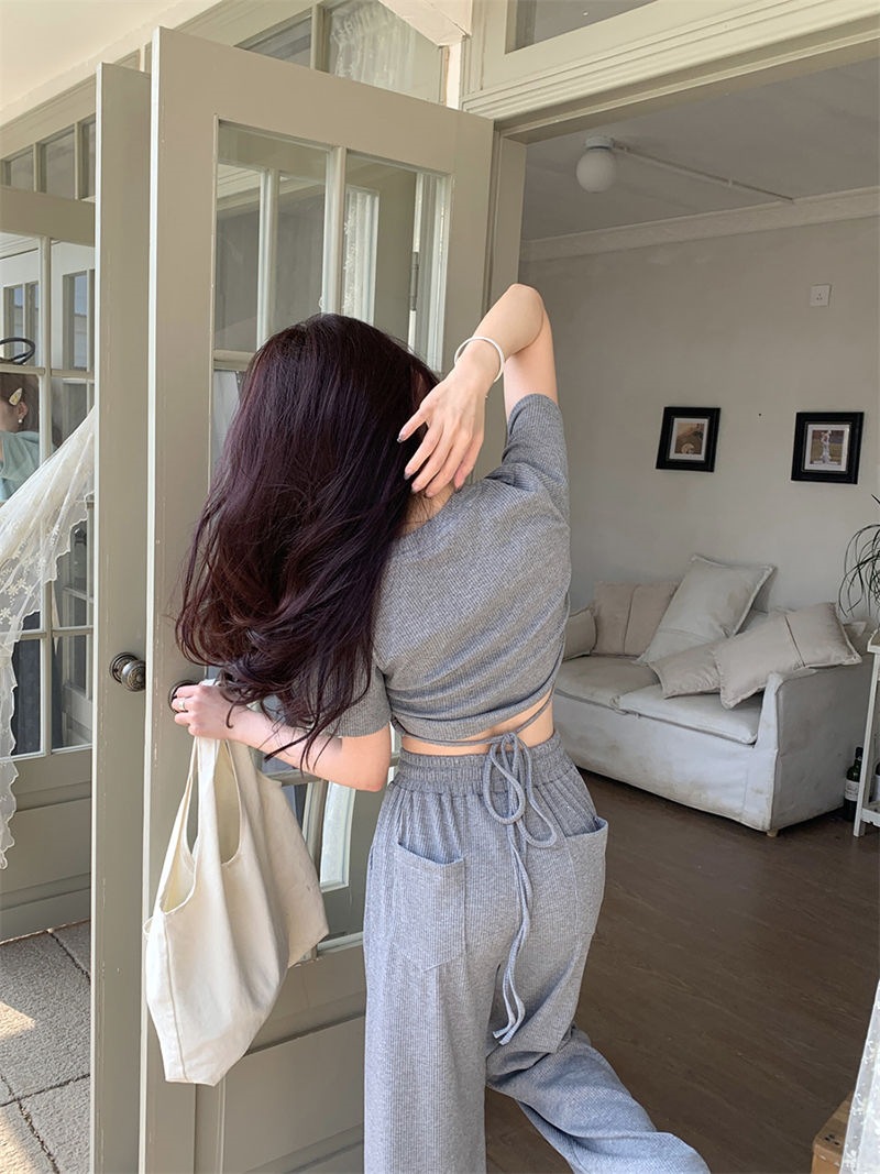Women's Clothing Style Women's Two Piece Set Casual Gray Summer Top And Wide Leg Trousers Drawstring Tie Short Sleeved Outfit_ecoleips.com