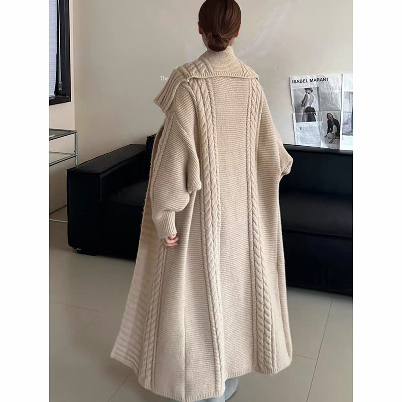Atmosphere heavy industry lazy coarse twist large lapel knitted cardigan lazy temperament casual long sweater coat