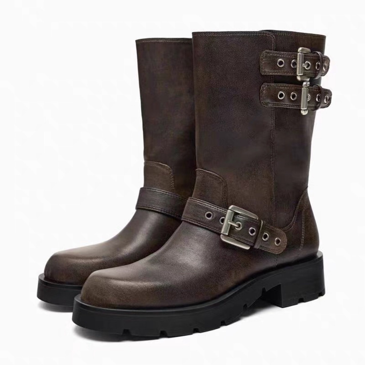 Za Women's Shoes 2025 Autum New Brown Thick-Soled Thick-Heeled Boots Buckle Decorated Motorcycle Boots Knight Flats Short Boots