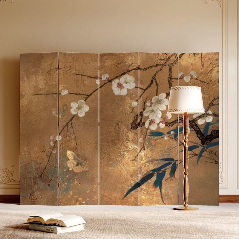 French-Style Vintage Plum Blossom Screen Partition for Tea Room, Study, Living Room, Bedroom Background, Foldable, Movable, and Opaque