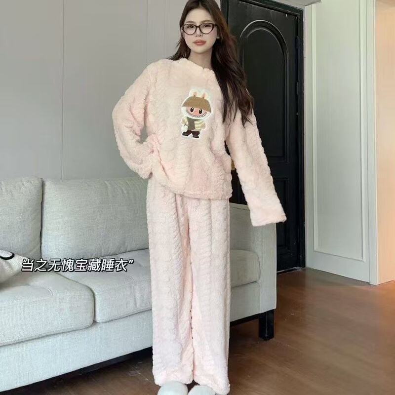 2025 Autumn and Winter Coral Fleece Pajamas for Women Cartoon Outerwear Thickened Warm Soft Fabric Homewear Short Sleeve Set Pajama Pants