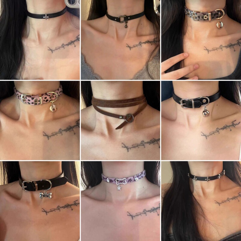 Y2K Spice Bones Star Cross Leather Collar Necklace Niche Subculture Punk Choker Clavicle Chain