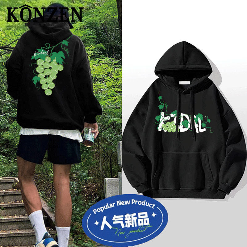 KONZEN潮流重磅葡萄网球印花连帽情侣加厚卫衣男秋冬宽松上衣外套