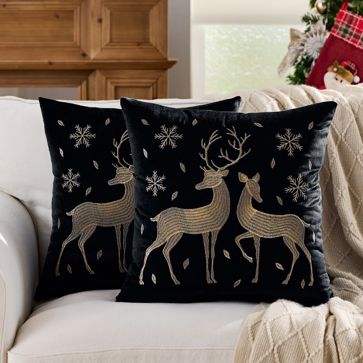 Ventas transfronterizas en caliente de alce árbol de Navidad estampado almohada cubierta de nieve de otoño y invierno bordado estilo de decoración de vacaciones atmósfera cojín cubierta
