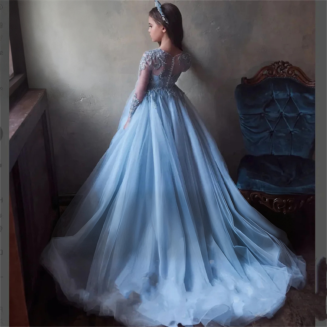 Abito elegante in tulle e pizzo a maniche lunghe per bambine_voghion.com