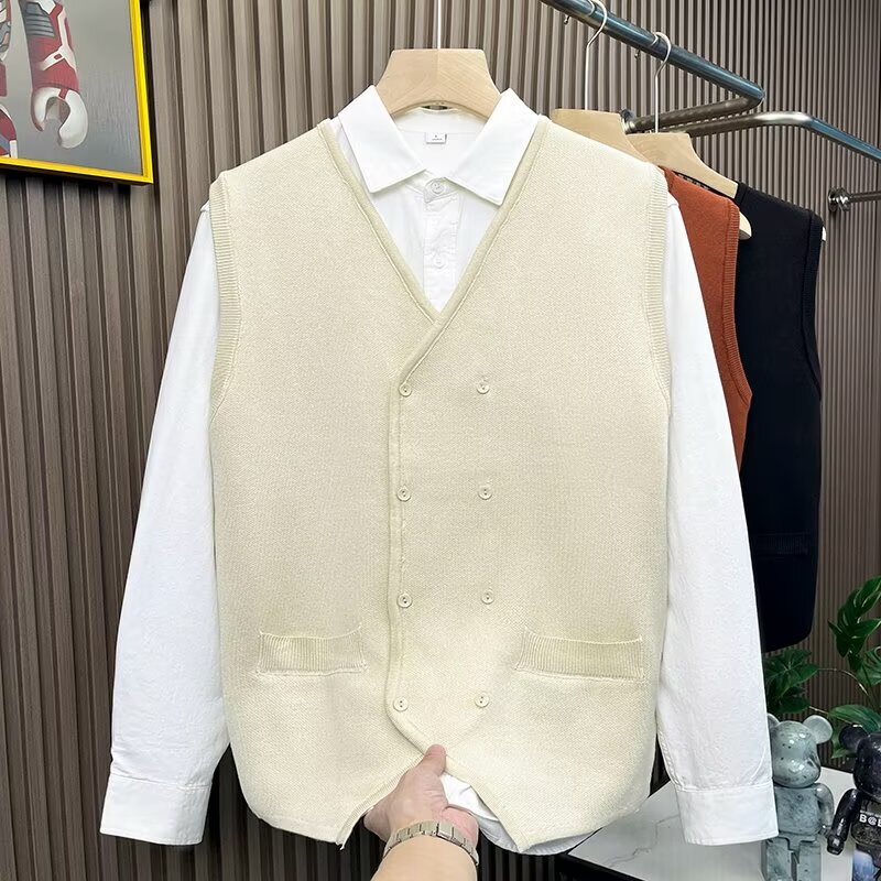 Autumn and Winter Inner Knitted Vest Men's British Light Mature Style Waistcoat Vest Pure Color Slim Business Suit Sweater Vest