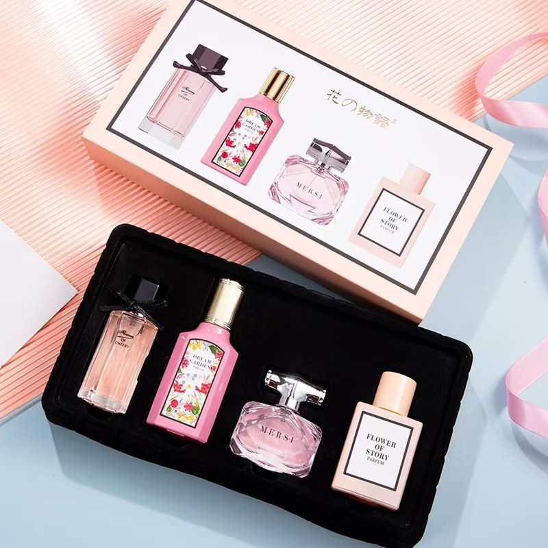Popular Women's Perfume Set, Four-Piece Floral Fragrance Gift Box, Fresh and Long-Lasting Fragrance, Live Streaming, One-Piece Dropshipping