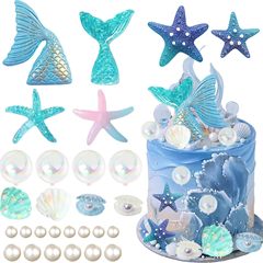 28件套美人鱼尾蛋糕装饰海洋鱼尾海星贝壳珍珠烘焙生日派对插件
