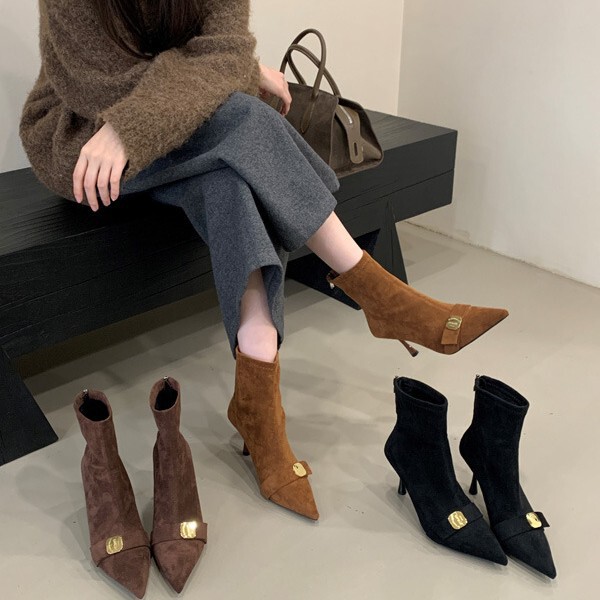 Elastic Slimming High-End Pointed Toe Metal Buckle Stiletto Heel Martin Boots Autumn and Winter Fleece-Lined Back Zipper Slim Women's Short Boots Elastic Slimming High-End Pointed Toe Metal Buckle Stiletto Heel Martin Boots Autumn and Winter Fleece-Lined Back Zipper Slim Women's Short Boots