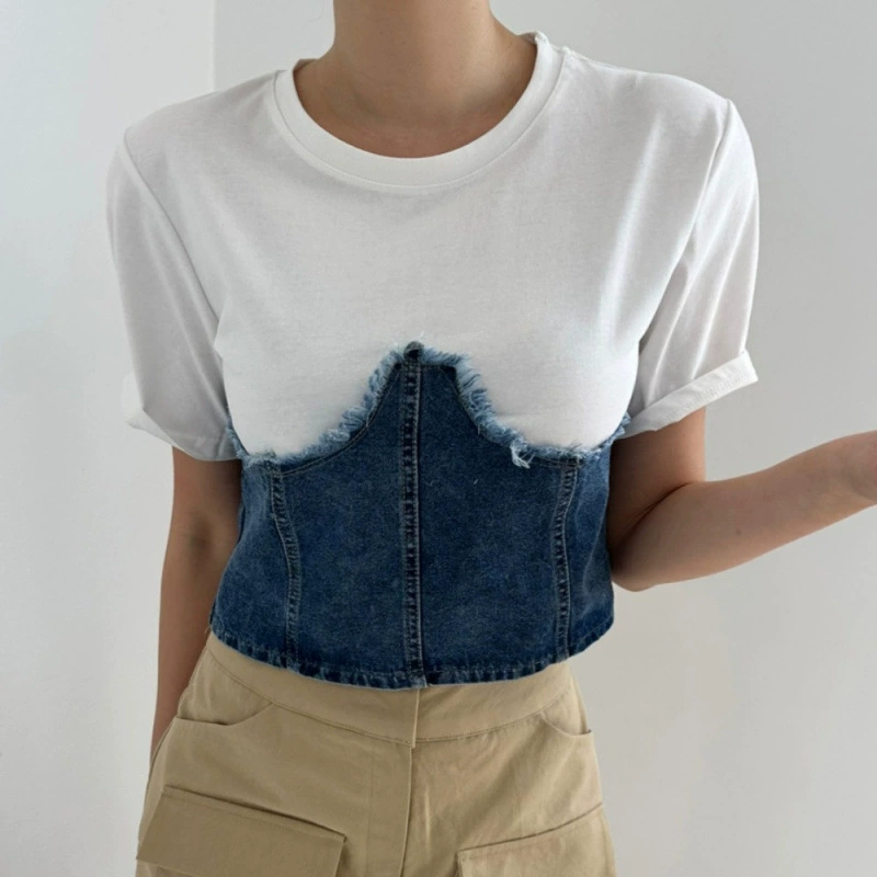 2025 новая летняя джинсовая футболка с короткими рукавами и молнией, утягивающий асимметричный короткий топ в стиле ретро